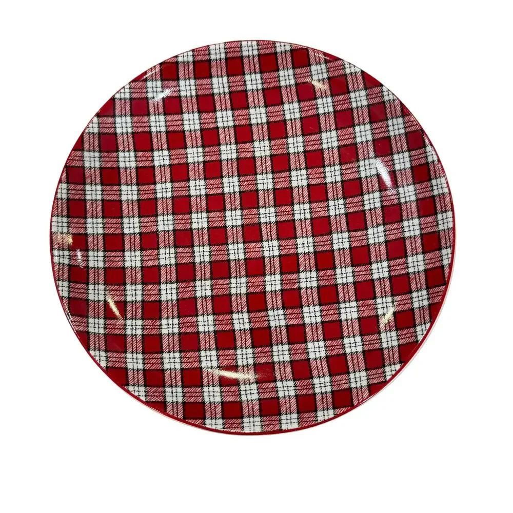 Pier 1 Humbolt‎ Red Plaid Plates Porcelain Round Set Of 2 8